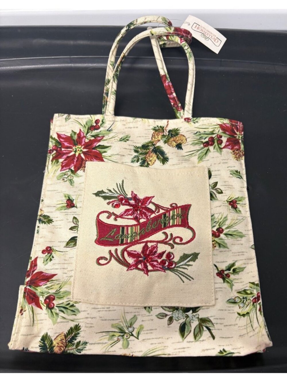 Longaberger Christmas Fabric Tote Gift Bag Embroidered Holiday Holly Pattern